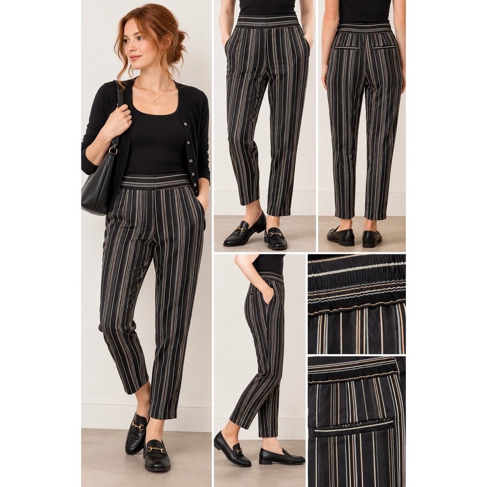 7 For All Mankind Striped Tapered Pants S Navy Blue White Tan Elastic Waist